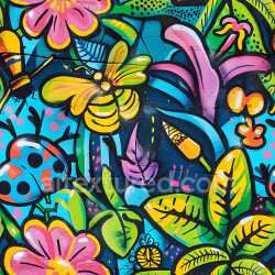 seamless Seamless 3D PBR graffiti texture featuring vibrant floral and insect street art texture 8k free download PBR