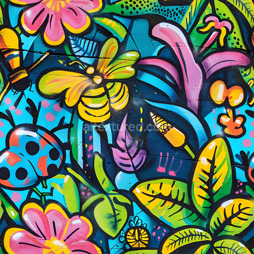 Seamless 3D PBR graffiti texture featuring vibrant floral and insect street art
