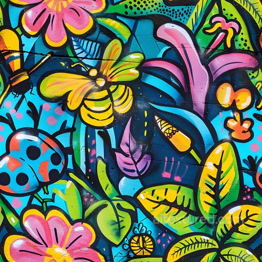 Seamless 3D PBR graffiti texture featuring vibrant floral and insect street art texture preview