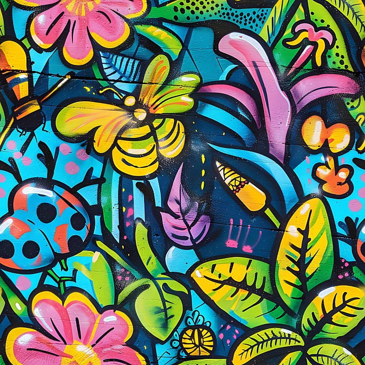 Graffiti Featuring Vibrant Floral And Insect Street Art seamless PBR texture preview