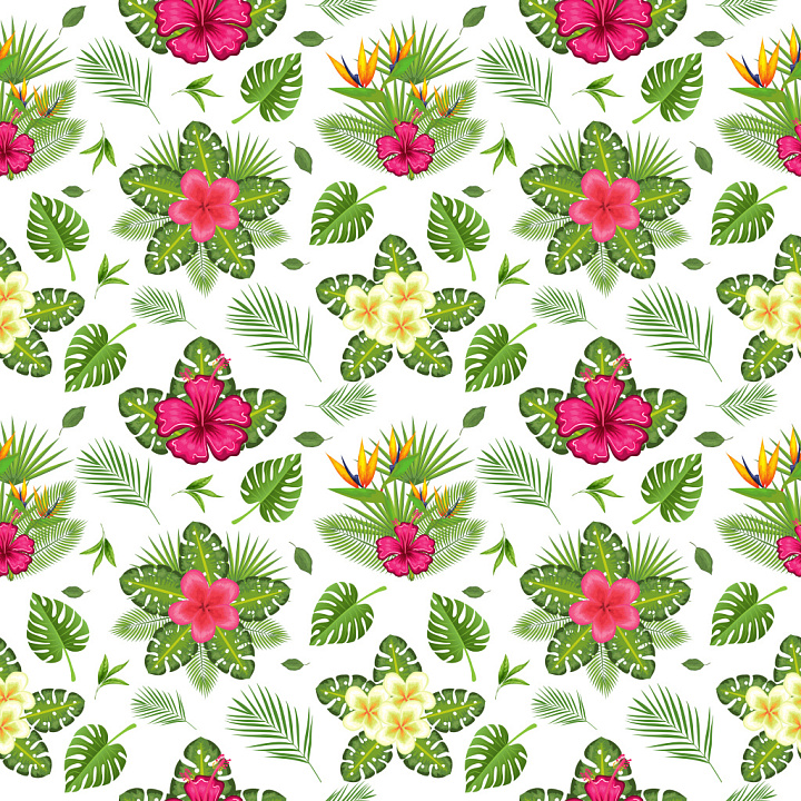 Pattern Featuring Vibrant Tropical Floral Clusters and Lush Greenery seamless PBR texture preview