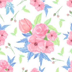 seamless Seamless 3D PBR Watercolor Pink Flower Fabric Texture with Blue and Green Leaves texture 8k free download PBR