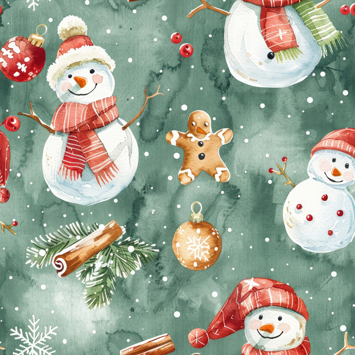 Watercolor Christmas Fabric with Snowmen and Holiday Motifs seamless PBR texture preview