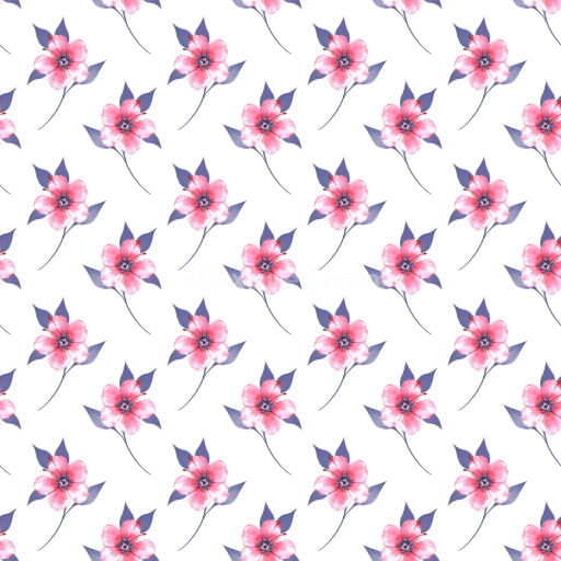 Seamless 3D PBR texture of delicate pink watercolor flowers with blue leaves on white background