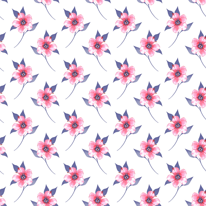 Of Delicate Pink Watercolor Flowers With Blue Leaves On White Background seamless PBR texture preview
