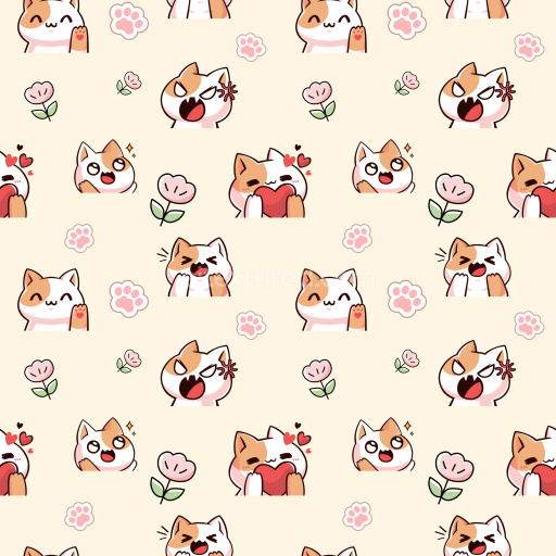 Pattern Bundle - Seamless 3D PBR Pattern Texture Featuring Cute Cat Emoticons with Pastel Floral Motifs texture preview