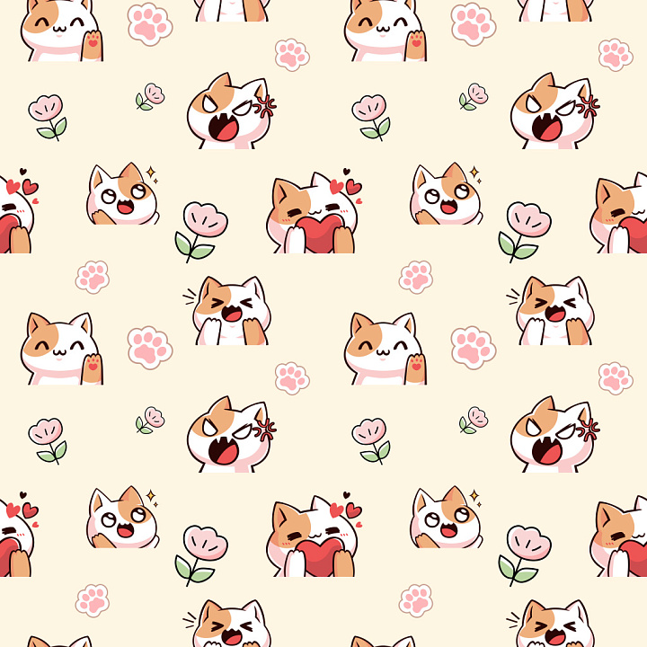 Pattern Featuring Cute Cat Emoticons with Pastel Floral Motifs seamless PBR texture preview
