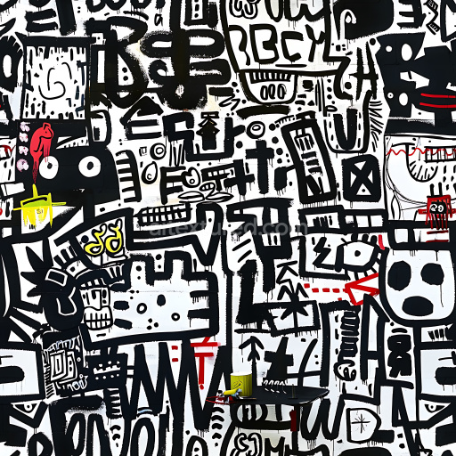 Seamless 3D PBR Graffiti Texture Featuring Black, White, and Red Street Art Paintings