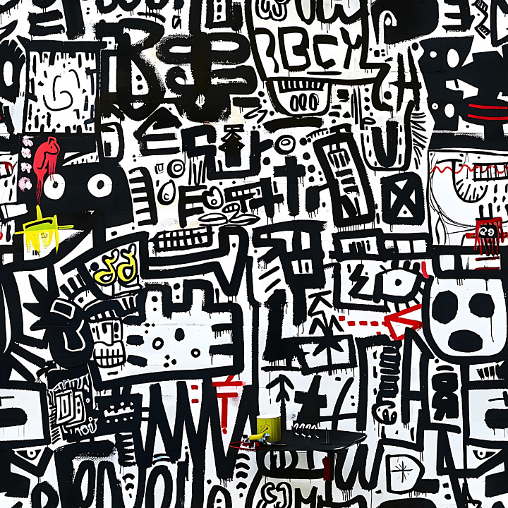 Graffiti Featuring Black, White, and Red Street Art Paintings seamless PBR texture preview