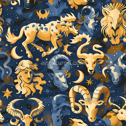 Seamless 3D Stylized Zodiac Astrology Camouflage PBR Texture in Blue and Gold