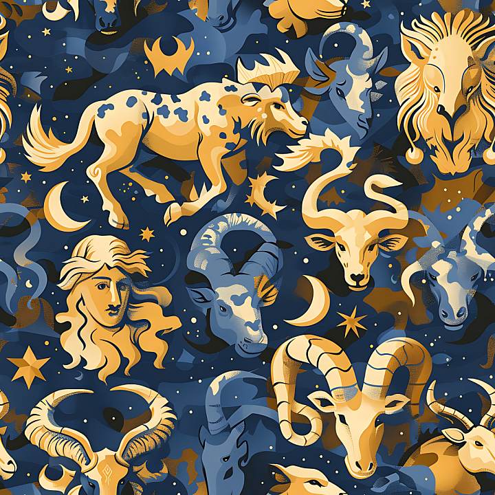 Stylized Zodiac Astrology Camouflage in Blue and Gold seamless PBR texture preview