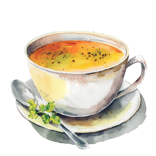 Watercolor Bone Broth Soup in White Cup with Spoon and Herbs - Breakfast Illustration