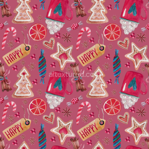 Seamless 3D PBR Watercolor Christmas Digital Paper Texture with Festive Cookies and Candy