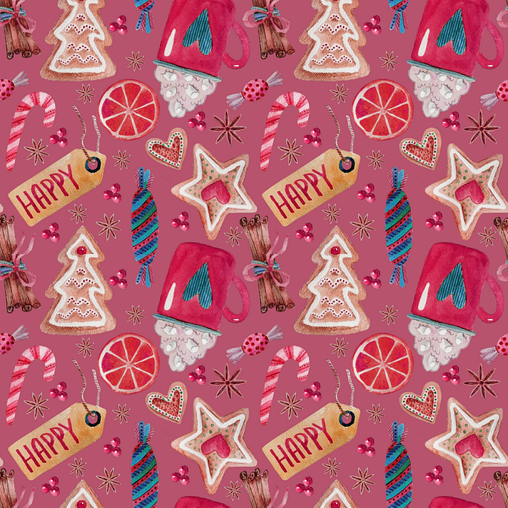 Watercolor Christmas Digital Paper with Festive Cookies and Candy seamless PBR texture preview