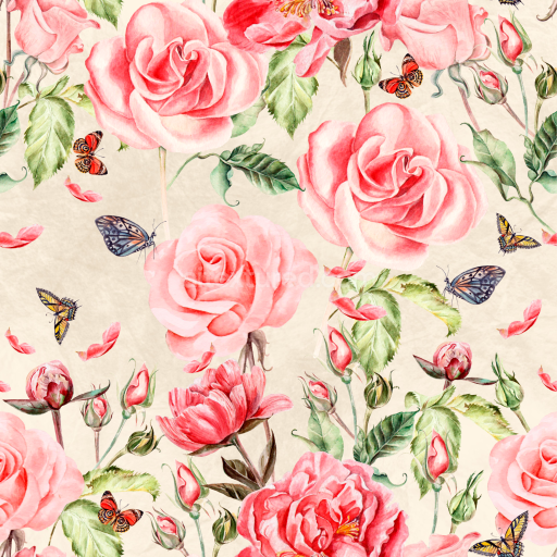 Seamless 3D PBR Texture of Hand-Painted Pink Roses and Butterflies