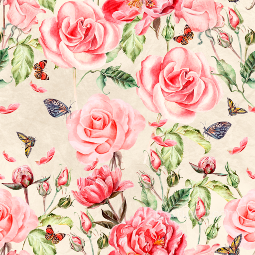 Flower Texture of Hand-Painted Pink Roses and Butterflies seamless Flower  PBR texture