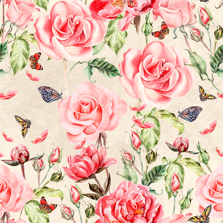 Flower of Hand-Painted Pink Roses and Butterflies seamless PBR texture preview