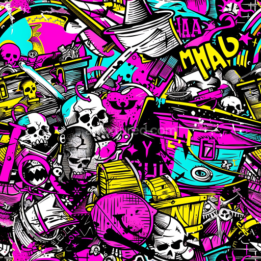 Seamless 3D PBR Graffiti Texture Featuring Skulls, Pirate Chests & Neon Colors