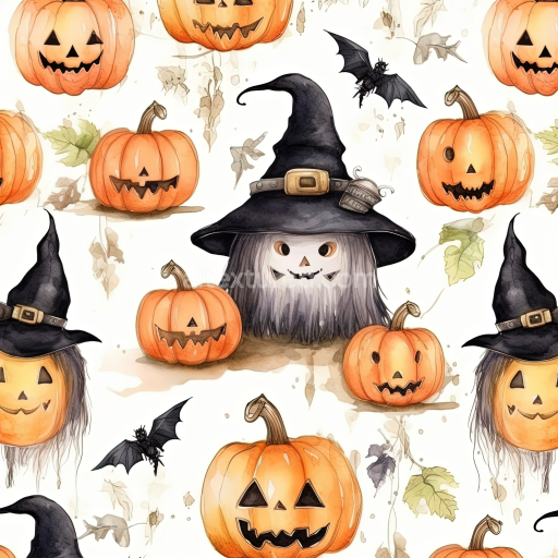 Seamless 3D PBR Watercolor Halloween Texture with Pumpkins, Witches & Bats