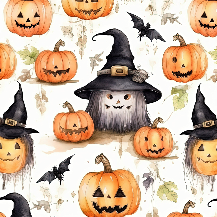 Watercolor Halloween with Pumpkins, Witches & Bats seamless PBR texture preview