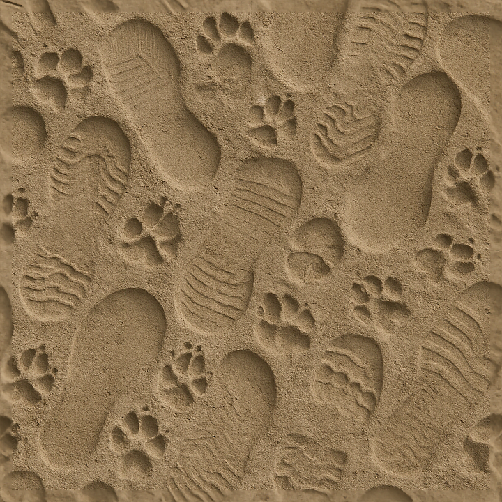 of Overlapping Animal Paw Prints on Soil seamless PBR texture preview