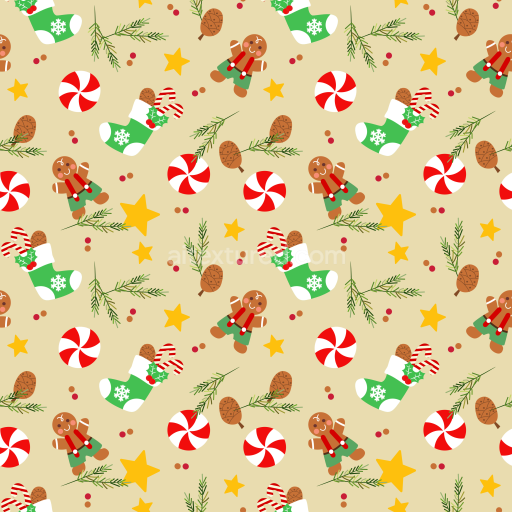 Seamless 3D PBR Christmas Holiday Pattern Texture with Gingerbread, Stockings, and Pine