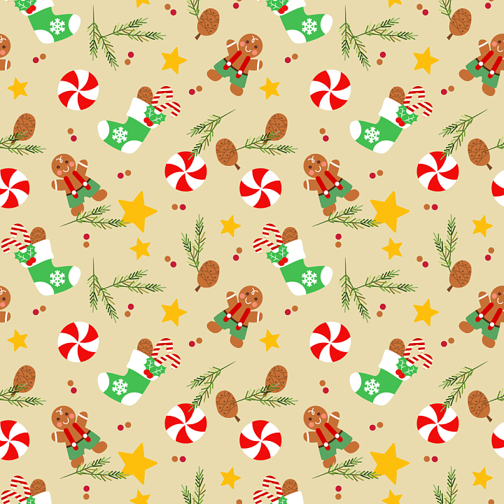 Christmas Holiday Pattern with Gingerbread, Stockings, and Pine Wood seamless PBR texture preview