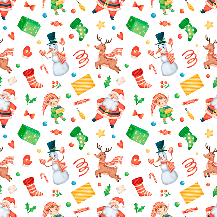 Christmas Digital Paper Featuring Snowmen, Santa, and Gifts seamless PBR texture preview