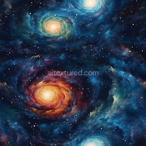 Seamless 3D Space PBR Texture Featuring Colorful Spiral Galaxies and Nebula Clouds