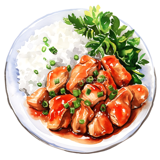 Chicken Teriyaki Breakfast Plate Illustration with White Rice and Fresh Greens