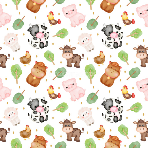 Pattern Bundle - Seamless 3D Pattern PBR Texture Featuring Cute Watercolor Farm Animals and Leaves texture preview