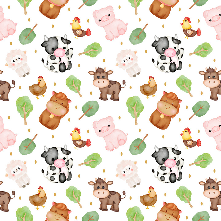Pattern Featuring Cute Watercolor Farm Animals and Leaves seamless PBR texture preview