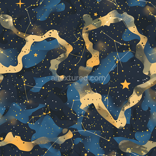 Seamless 3D Cosmic Camouflage PBR Texture with Starry Constellations and Abstract Blue Shapes