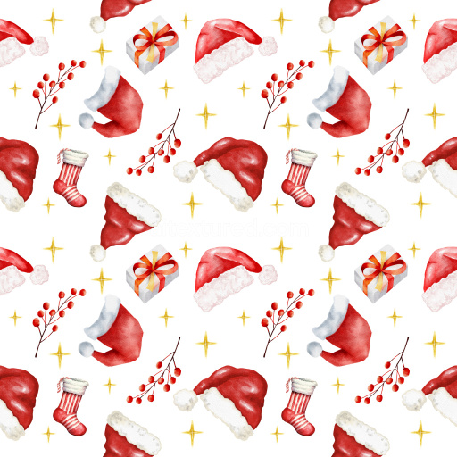 Pattern Bundle - Seamless 3D Pattern PBR Texture Featuring Watercolor Santa Hats, Gifts & Festive Berries texture preview
