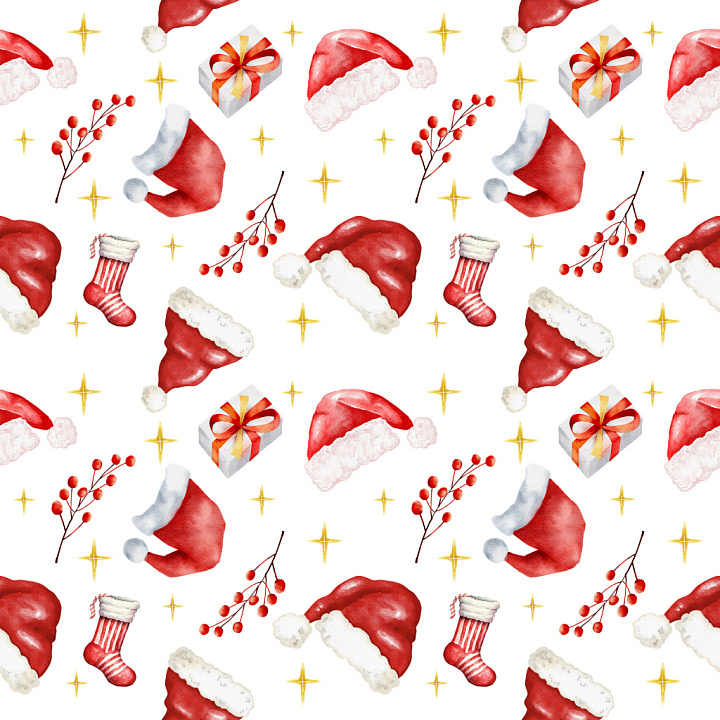 Pattern Featuring Watercolor Santa Hats, Gifts & Festive Berries seamless PBR texture preview