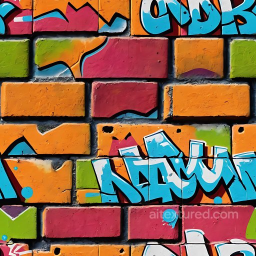 Seamless 3D PBR texture of colorful graffiti on rough brick wall tiles texture preview