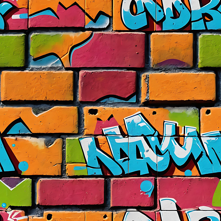 Of Colorful Graffiti On Rough Brick Wall Tiles seamless PBR texture preview