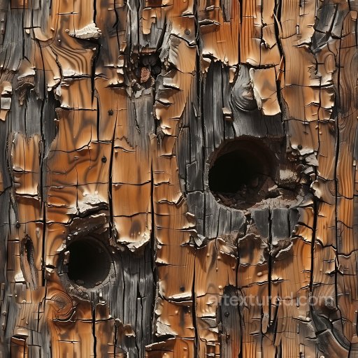 Cracked and Hole PBR Texture of Burnt Wood with Jagged Edges seamless Cracked & Holes PBR texture