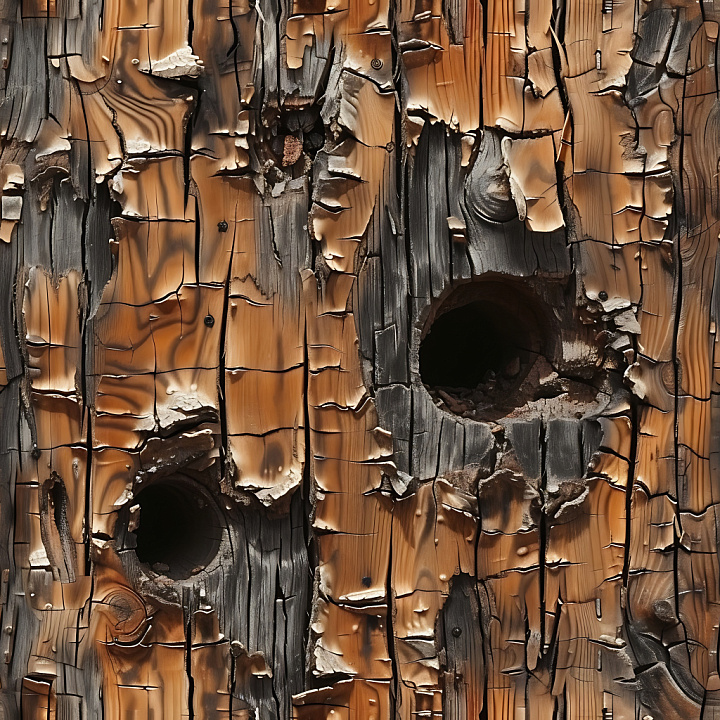 Cracked and Hole of Burnt Wood with Jagged Edges seamless PBR texture preview