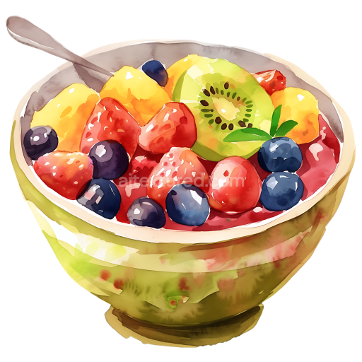 Watercolor Style Fruit Compote Breakfast Bowl with Kiwi, Berries, and Mango