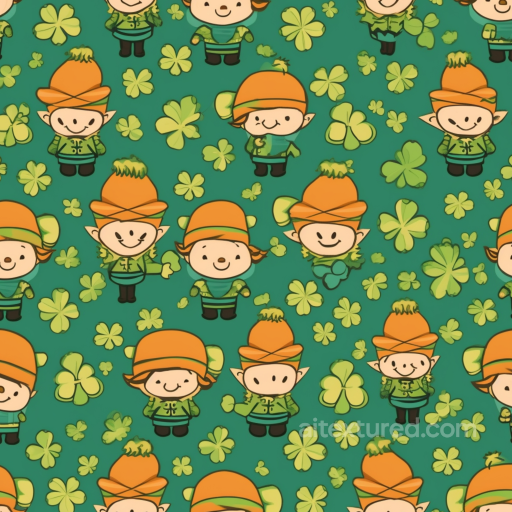 Of Cartoon Leprechauns And Shamrocks In Vibrant Green Background seamless St patrick PBR texture