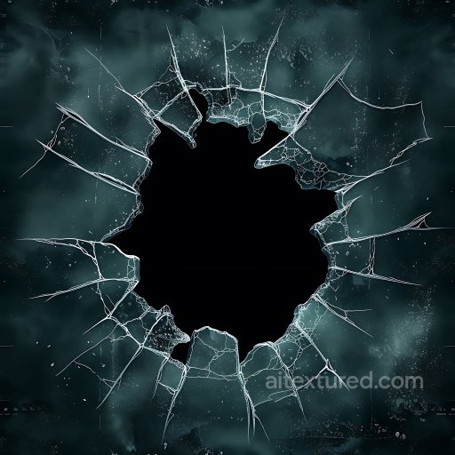 Shattered Glass PBR Texture Featuring Jagged Cracks and Central Hole seamless Cracked & Holes PBR texture