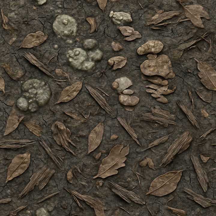 Cracked Earth With Dark Stone And Mold Spores Overlay seamless PBR texture preview