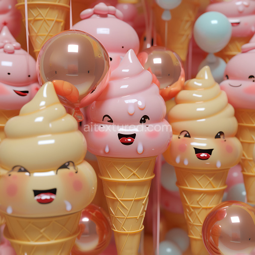 Seamless 3D Inflated PBR Texture of Glossy Cute Ice Cream Cones with Smiling Faces