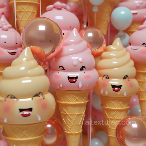 Inflated PBR Texture of Glossy Cute Ice Cream Cones with Smiling Faces seamless Inflated PBR texture