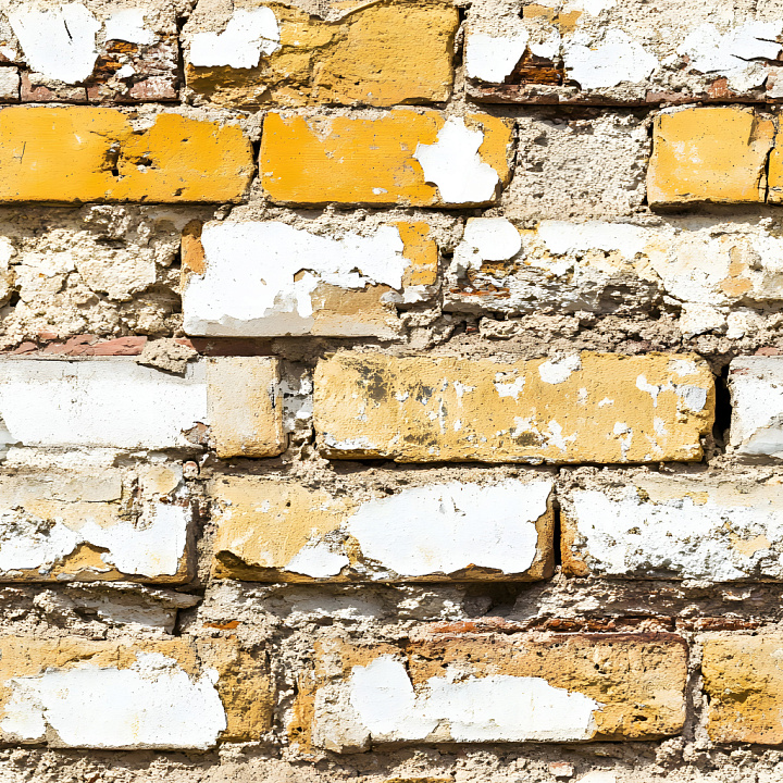 Weathered Yellow and White Cracked Brick Wall with Peeling Paint seamless PBR texture preview