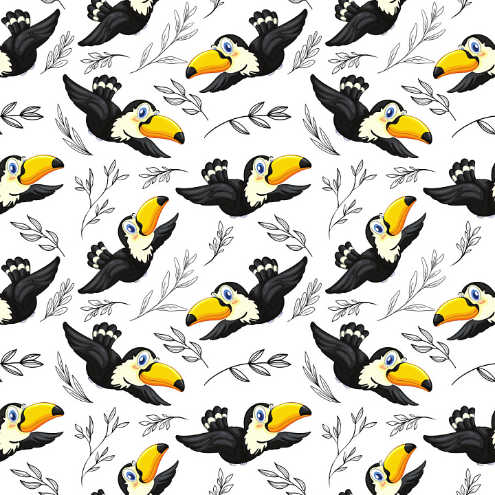 Pattern Featuring Playful Cartoon Toucan Birds and Line-Drawn Leaves seamless PBR texture preview