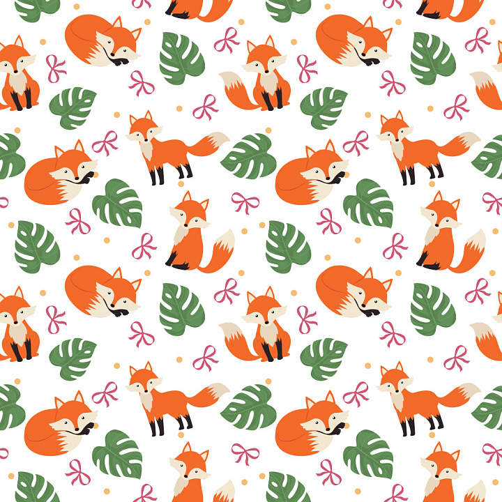 Pattern with Playful Foxes and Monstera Leaves seamless PBR texture preview