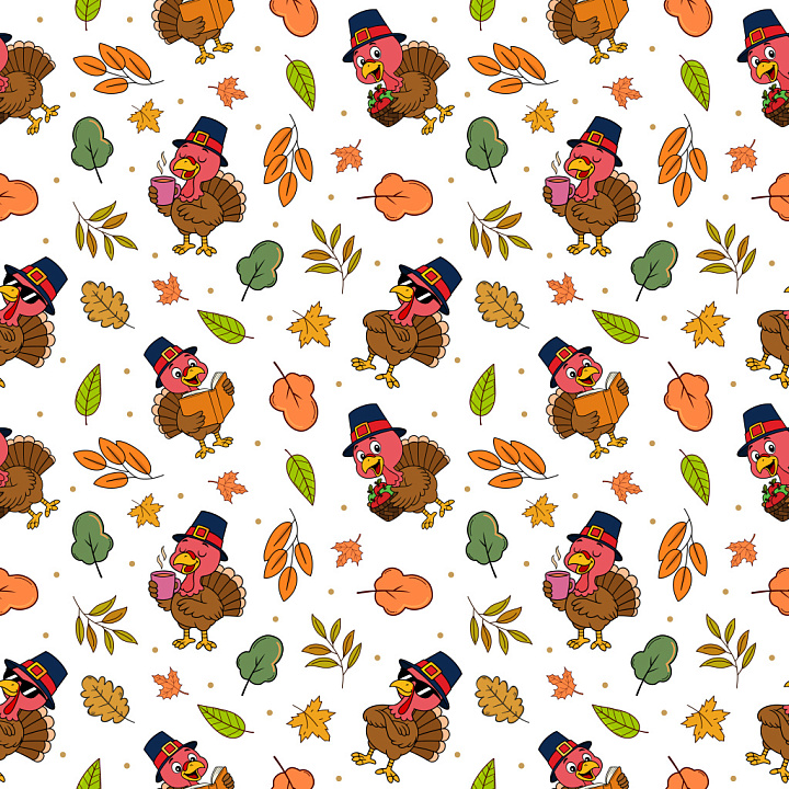 Pattern of Cartoon Turkeys and Autumn Leaves seamless PBR texture preview