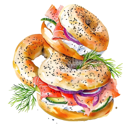 Preview — Watercolor Bagels with Cream Cheese, Lox, and Fresh Herbs Breakfast Illustration
